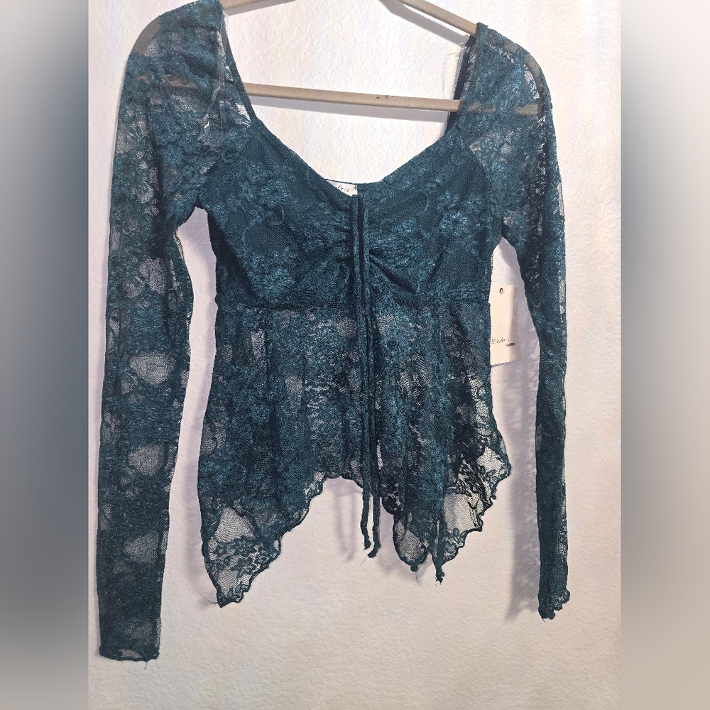 2K Sheer Long Sleeve Lace Top Blue Mesh Drawstring Grunge Whimsigoth Babydoll